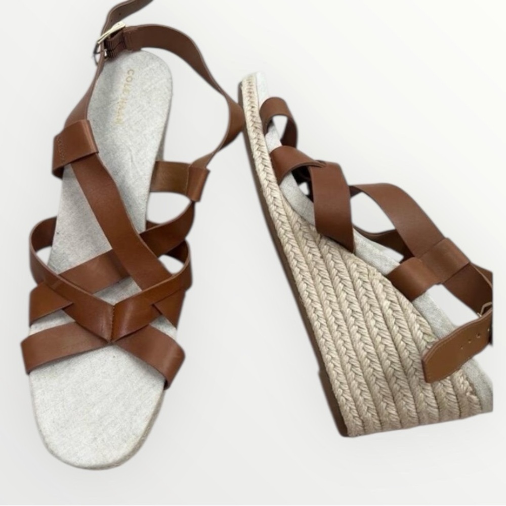 Cole Haan Brown Leather Strappy Espadrille Wedge Sandals